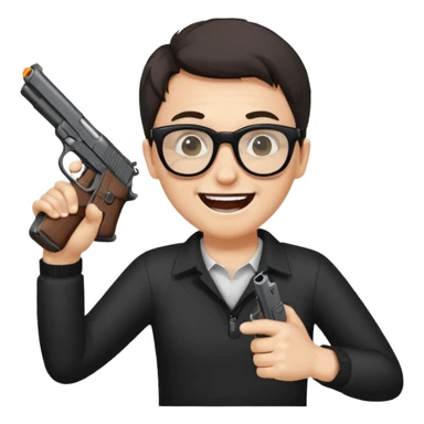 Quiero un emoji con lentes negros con una pistola automática en la mano riéndose y pasandose la pistola por la cara sticker