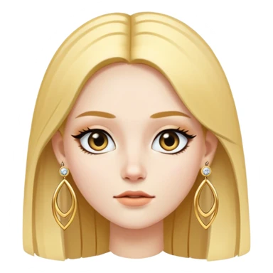 A white skinned girl with a three-dimensional face shape from Europe and America has long, straight golden center part hair Upperhung eyeliner and two earrings sticker