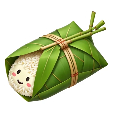 Rice dumpling Zongzi wrapped in bamboo leaves, simplified emoji style with bold outlines and bright colors, cartoon style sweet glutinous rice treat sticker
