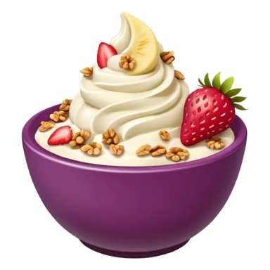 acai purple soft serve in a bowl strawberries and granola and chopped banana sticker