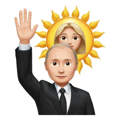 Putin stands with his right hand raised towards the sun sticker