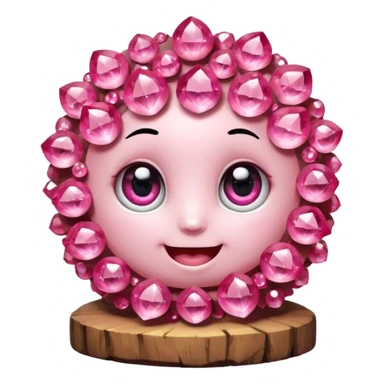 A single cute pink crystal cluster character, chunky round base with many tall rose-pink crystal quartz cluster imperfect, on the front of the base a kawaii face with big shiny eyes and a happy open smile very shiny and nothilng else sticker