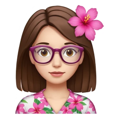 female with white skin. Shoulder length straight brown hair. Brown eyes with glasses. Hawaiian Flower in hair sticker
