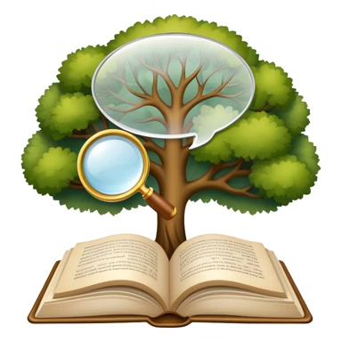 An icon featuring an open book, a speech bubble, and a linguistic tree, symbolizing philology and linguistics. The design includes alphabets, language symbols, and a magnifying glass, representing the study of language, structure, and meaning. Transparent background sticker