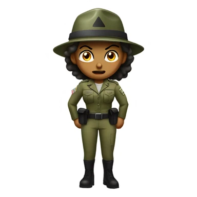 a female drill sergeant character wearing a classic sergeant hat and a camouflage army shirt. The character should have an angry intense expression. full torso sticker
