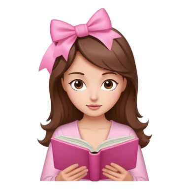 a brown haired, fair skinned female reader reading a pink romance novel with bow sticker