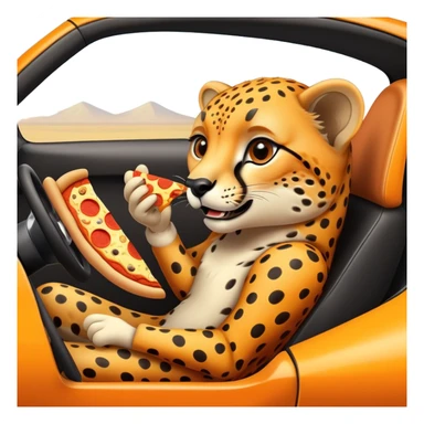 A cheetah in a race car eating a slice of pizza sticker