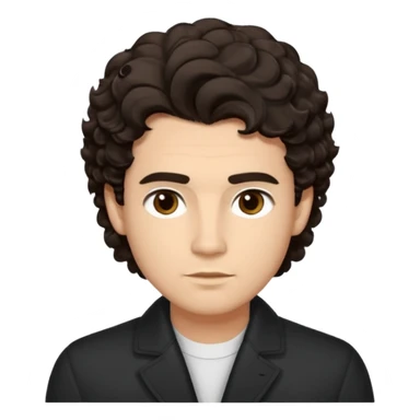 He’s a man with light to medium skin, a defined oval face, full brows, deep-set eyes, and wavy short dark brown tall puffy hair styled with height, sides are trimmed. expression calm and focused relaxed black open-collar .polished, articulate, and coach vibe. sticker