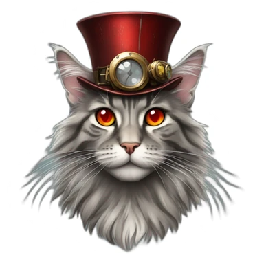a grey tabby maine coon with red eyes wearing a steampunk hat sticker