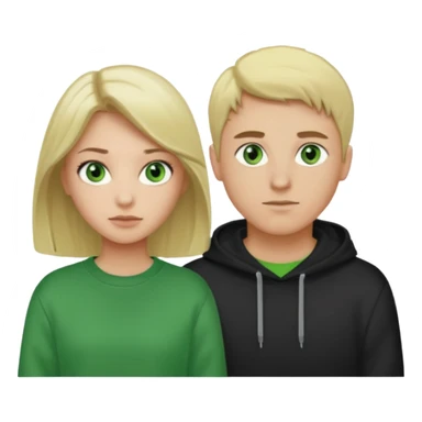 a couple in love: a girl with dark hair, green eyes, and a gray sweatshirt, and a guy with light green eyes, blond hair, and a black sweatshirt sticker