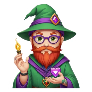 Cartoon DevOps wizard with red beard, no glasses, "I ❤️ YAML" shirt, purple hat, casting green magic. Grafana logo tattoos around eyes. GitOps patch on sleeve. Sticker style with clean outline, transparent background. sticker