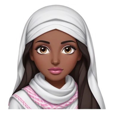 A Arab featured woman with long, dark hair wears white keffiyeh, giving her a graceful and cultural look. Her makeup is well-done, with defined eyebrows and soft pink lips, enhancing her striking features. The dim lighting and blurred background create a warm, intimate atmosphere. sticker