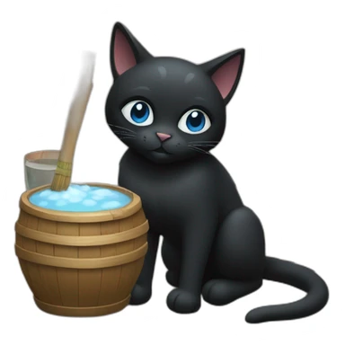 a black cat with blue eyes who sits in a village bathhouse with an oak broom and drinks kvass sticker