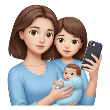 brunette girl with brown hair wearing pastel blue clothes holding a baby and taking a selfie sticker