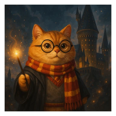 a chubby orange cat holding a wand, dressed as Harry Potter, Hogwarts background, magical, fantasy sticker