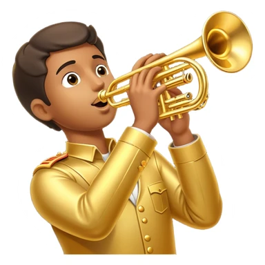 Cinematic Realistic Trumpet, polished brass with warm golden reflections, intricate valve details subtly highlighted, soft hands pressing the keys, glowing with bold and triumphant musical energy. sticker