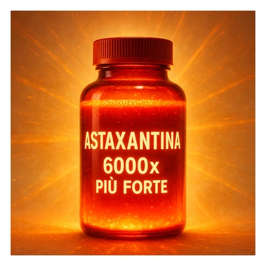 hyper realistic astaxanthin with glow effect and orange, luminous red bottle, text '6000x più forte', energetic atmosphere, light background sticker
