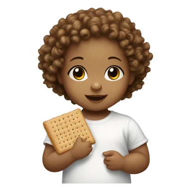 A white baby girl with curly hair eating a graham cracker sticker