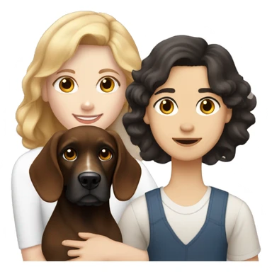 Brown-haired white-skinned girl and black-haired tan-skinned boy with a white and brown cocker spaniel. sticker