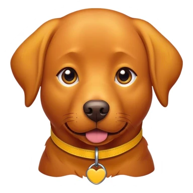 A red dog labrador with a yellow collar sticker