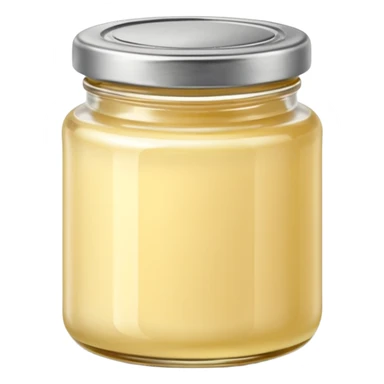 small squat glass jar of pale yellow duck fat with a metal lid, creamy layer visible, no label or extras, soft lighting, subtle shadows, emoji scale sticker