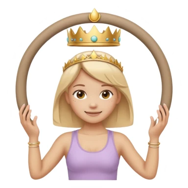 Cute emoji sticker of a girl holding a Pilates ring (magic circle) with both hands, squeezing it. She is smiling, wearing a tiny crown and beige activewear. Pastel accents, kawaii style, clean white outline, transparent background. sticker