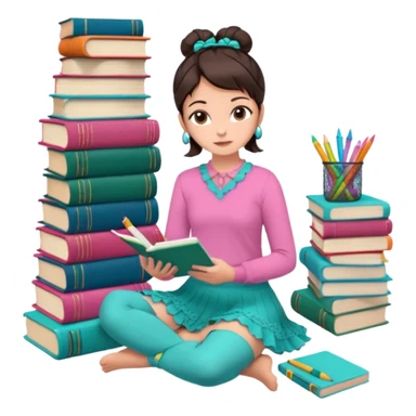 A brunette woman with straight, dark brown hair styled in two buns wears a pink long-sleeved shirt and a turquoise lace ruffled skirt. She is barefoot and holds a crayon in one hand. She sits cross-legged on the floor, which is covered with stacks of colorful notebooks. Art Deco style illustration. sticker