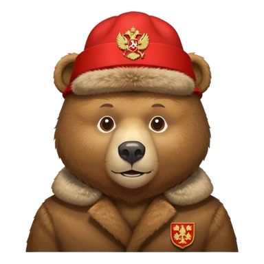 Russian brown bear wearing a red ushanka hat with Russian coat of arms emblem, front view, iOS emoji style sticker