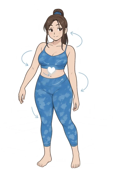 stile manga a woman stands in a relaxed pose, with a gentle, confident expression. Her body is shown with subtle, curved lines or arrows indicating areas of imbalance (such as a slight tilt in the shoulders or hips), but no signs of injury or damage. A soft glow or heart symbol at her core emphasizes resilience and the message “Non rotto, ma fuori equilibrio” The background is clean and clinical, with light blue tones. sticker