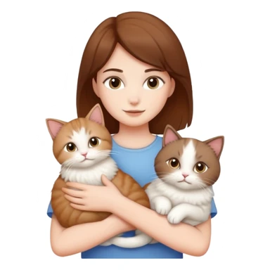 short brown haired white girl holding two cats. one is a white fluffy cat. the other cat is a brown fluffy cat sticker