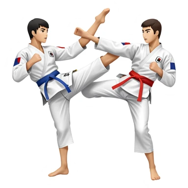 Two taekwondo fighters in a competition arena, one performing a high spinning kick towards the opponent’s head, while the other blocks with a precise guard. The background features a dynamic, bright arena with flags, emphasizing speed and agility in the martial art. Transparent background  sticker