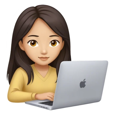 Long hair asian woman working on pale yellow laptop with brown eyes in zoom meeting  sticker