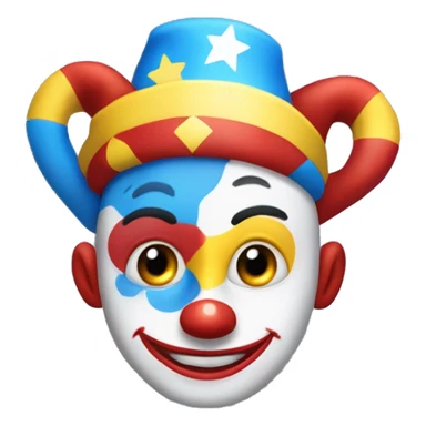 Design an animated harlequin clown character with a blue, red, and yellow outfit, a typical hat with yellow balls on the tips, a white face with rosy cheeks, large eyes with star-shaped pupils, and a mischievous smile sticker