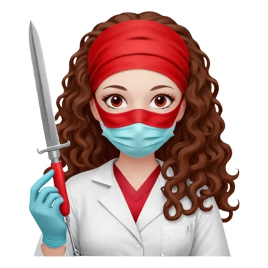 Lilith symbol seductress long curly hair evil surgeon.  brown hair. Red surgical mask and hair covering. She works for cartel and kills  with a scalpel. sticker