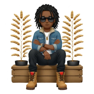 African American man with shoulder length black dreadlocks with black bead wearing black sunglasses with wearing denim skinny jeans and wheat timberland boots with arms folded sticker