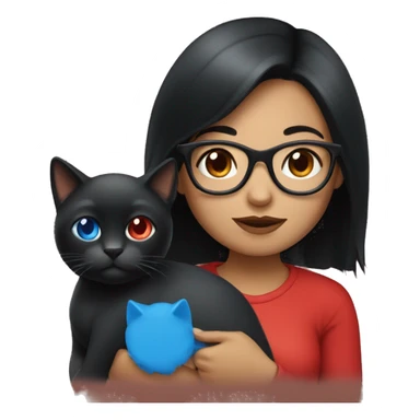 A black hair girl with glasses with a red cat with blue eyes sticker