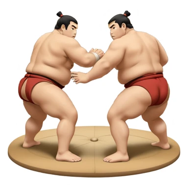 Two sumo wrestlers in a classic dohyo ring, each displaying powerful stances and ready to engage in a fierce match. One wrestler attempts a pushing attack, while the other counters with a thrust. The background shows the traditional sumo arena and spectators. Transparent background. sticker