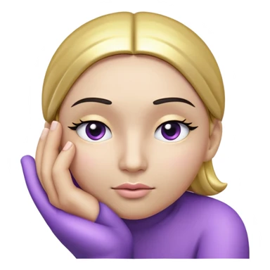 "A three-dimensional spherical face in light purple with a shiny effect, showing a thoughtful or hesitant expression. Its eyebrows are slightly tilted, and its eyes are half-closed, giving a puzzled look. The mouth is slightly curved to one side. One of its hands, in gold color, raises the index finger to touch the chin in a thinking pose. The background is black with a soft glow around the face to add a modern effect."

 sticker