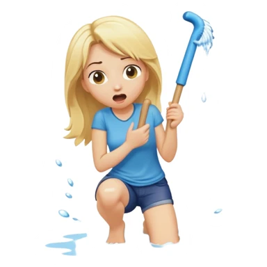 simple blond woman kneeling, surprised, big cartoon stick with D-shaped knob emerging from hanging pants, water splash into her mouth sticker