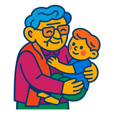 vibrant toon style old person holding a child in their arms sticker