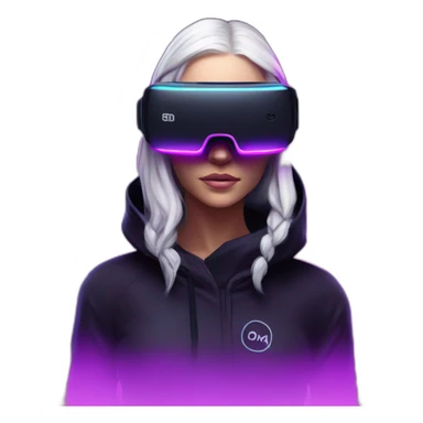 Daenerys Targaryen wearing a black hoodie with "OMG" letters on it and VR headset in a cyberpunk VR environment with violet neon lighting. sticker