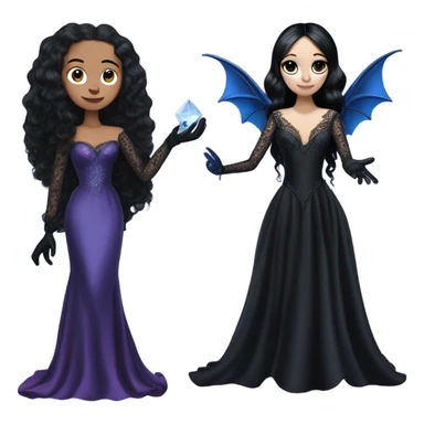 relaxed low-cut back silky black evening ball gown with lace gloves, Jenna Ortega as Addams woman wearing a mini diamond tiara, very large blood blue cute horned old dragon hand puppet sticker