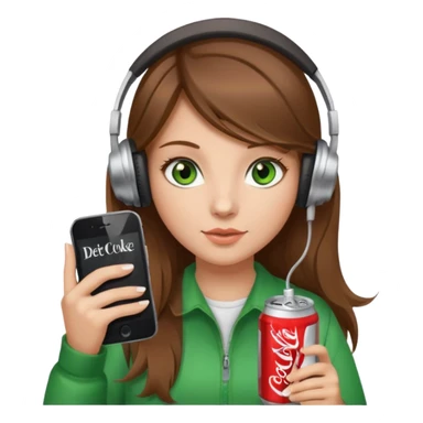 a girl with brown hair blonde ends green eyes phone in hand with diet coke and wearing headphones sticker
