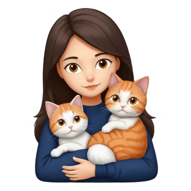a girl with long dark brown hair, in a navy sweater, hugs a persian peaknose grey cat and persian peaknose orange and white kitten and a persion peaknose brown tabby and white cat sticker