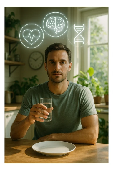 A realistic, cinematic illustration of a healthy, calm man in his early 30s sitting in a bright kitchen in the morning, with an empty plate in front of him and a glass of water in his hand, looking serene and focused. Behind him, the background shows subtle symbols of health: green plants, sunlight streaming in, and a blurred wall clock showing 10:00, symbolizing the fasting window. Above the man, a translucent overlay of medical icons (heart, brain, DNA strand) glows softly, illustrating that intermittent fasting acts as a powerful medicine, not merely a diet. The color palette is fresh and natural, emphasizing health, clarity, and focus. The style is realistic with slight cinematic tones, conveying that the man is using intermittent fasting as a tool for cellular regeneration, inflammation reduction, and health optimization rather than weight loss sticker