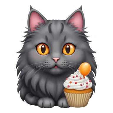 Orange eyes Long haired black grey cat fluffy with cupcake balloons sticker