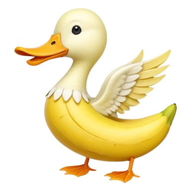 A whimsical creature shaped like a peeled banana with a duck’s head, wings made from the banana peel, fuzzy white and yellow skin, and orange beak and feet sticker