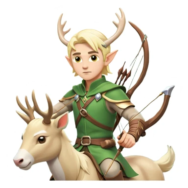 clash-of-clans-aesthetic-blond-male elf-archer-portrait-emoji, rendered in a flat, vector-style with minimal shading and bold, simplified shapes, head tilted slightly forward with a determined, focused expression, riding a majestic white stag whose antlers glow with mystical energy, set against an ancient, enchanted forest backdrop. sticker