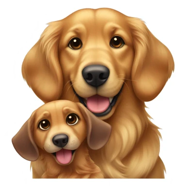 Golden retriever with a little thinking bump on head with a big smile on his face holding a brown dachshund stuffed animal toy sticker