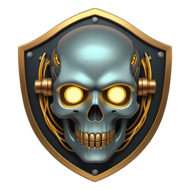 Cyberpunk shield, skull with cybernetic implants, glowing wires, dark electric silver and gold tones, no background sticker